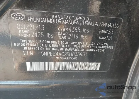 2014 Hyundai Sonata Gls from USA, damaged, VIN 5NPEB4AC2EH835933